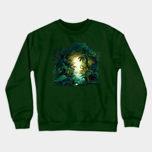 A design featuring a lush jungle scene with a hidden oasis tucked away within it. Crewneck Sweatshirt